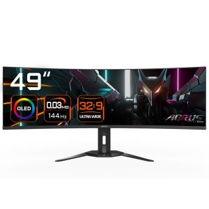 GIGABYTE CO49DQ OLED Kaareva pelinäyttö - 5120x1440 (DQHD), 1800R, 144 Hz, 0,03 ms, KVM, FreeSync Premium Pro, HDMI 2.1