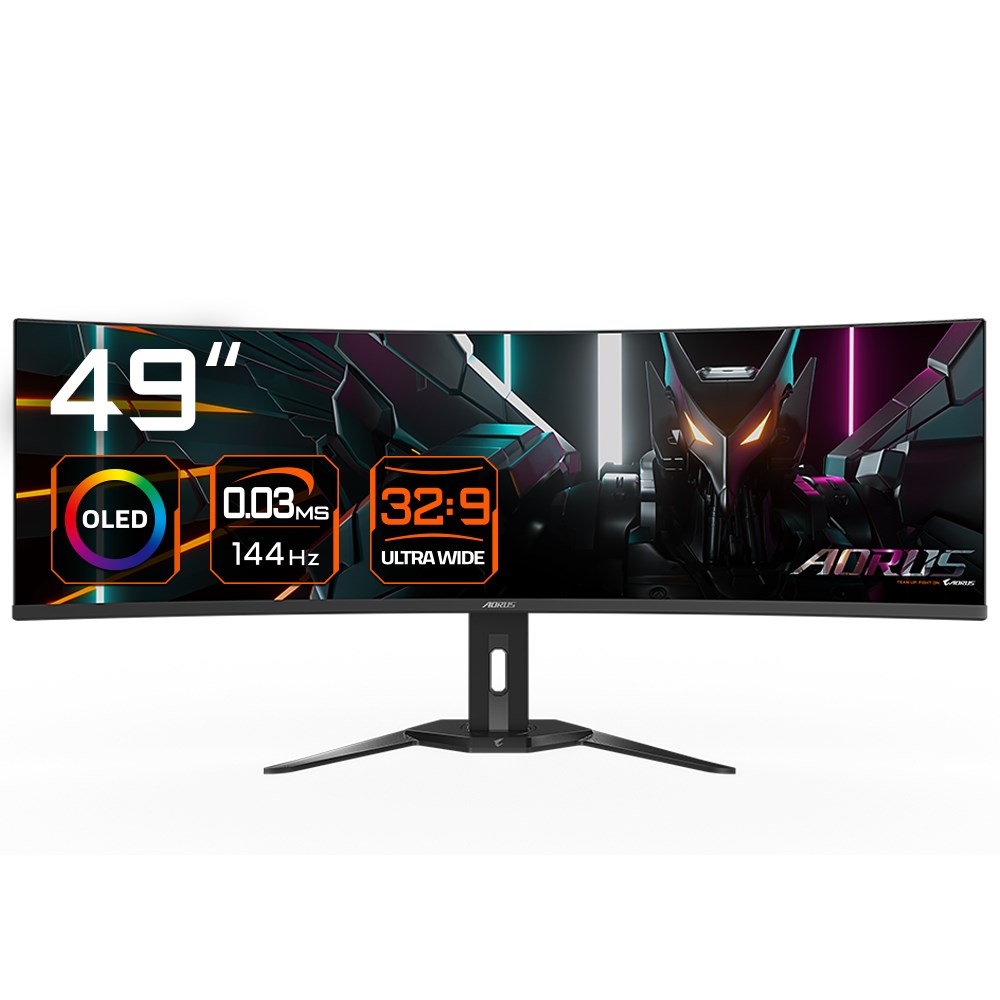 GIGABYTE CO49DQ OLED Kaareva pelinäyttö - 5120x1440 (DQHD), 1800R, 144 Hz, 0,03 ms, KVM, FreeSync Premium Pro, HDMI 2.1